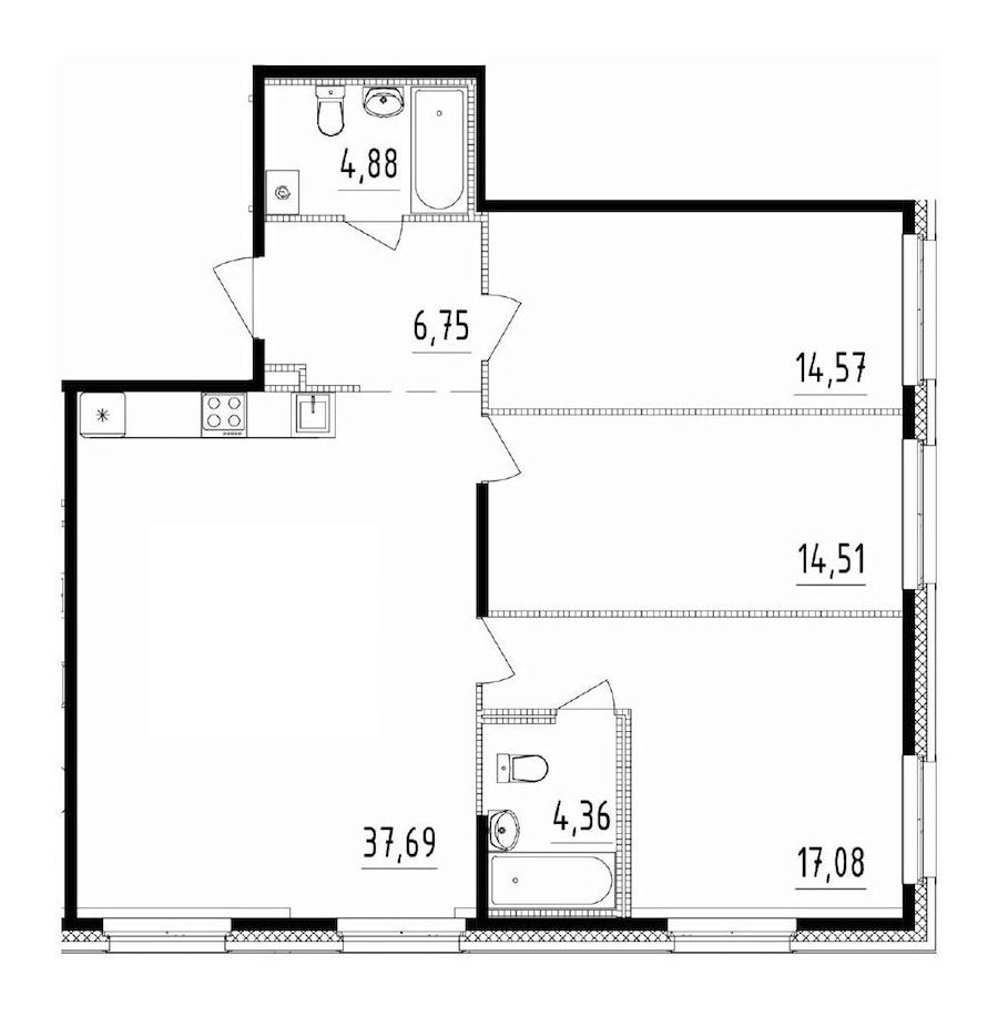 3-комнатная квартира 99.84 м², 1/12 эт., ЖК «Чёрная речка»